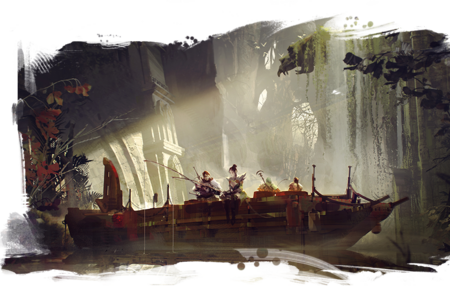 Player characters fishing from a skiff