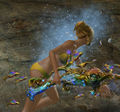 The bubble aura and fish particle effect around the player.
