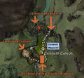 Kessex Hills - Possible (Random) - Cereboth Canyon: Drop down at the waterfall north of the waypoint and enter the cave. Destroy the targetable "Fallen Rocks" barrier to reach the rich iron/silver vein.
