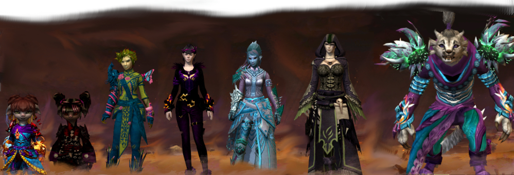 A hastily-thrown-together 'collage' of my GW2 gals: Jixxa, Chokka, Lya, Harle(y), Mair, Val and Felicia. My two newer characters, Agata and Blondi (~1 month old) aren't quite ready to have their pictures taken yet.. :o