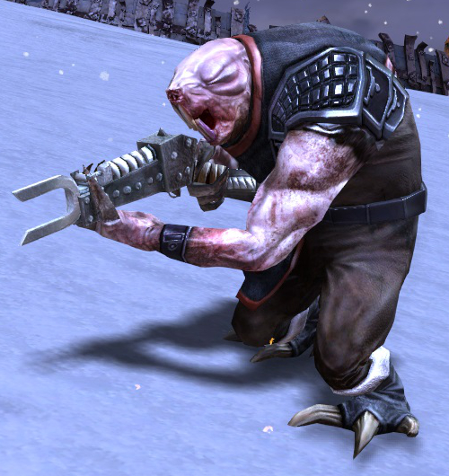 The image shows a Dredge NPC from Guild Wars 2. It's humanoid, with the head of a naked mole-rat. Its eyes are squinted shut, and it has protruding incisors , with its mouth closing behind them. It's wearing a brown jumpsuit, and pauldrons. It's holding a gun-like device that appears to have a tuning fork for a barrel.