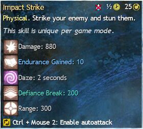 Tooltip of the of the Daredevil's skill Impact Strike, displaying its Activation time, Recharge, skill type, text description, and effect.