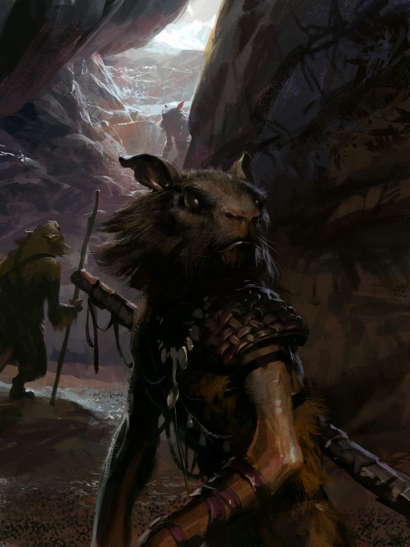 The image shows three Skritt at the entrance to a cave, one in the foreground, one in the mid-ground, and one in the background. They are rat-like humanoids, wearing bits of armor, and carrying swords and staves. 