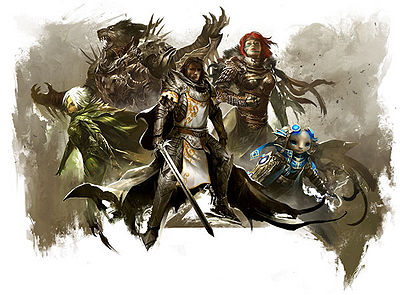 The five playable races. From left to right: Sylvari, Charr, Human, Norn, Asura